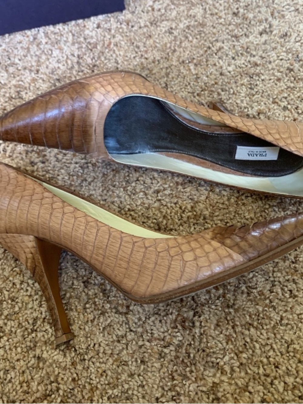 Prada Tan Croc-Embossed Pointed Toe Pumps